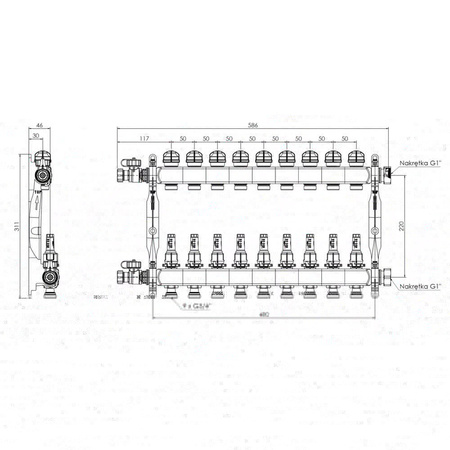Rozdzielacz do ogrzewania podłogowego AFRISO ProCalida VA 1C 9-obieg. stal nierdzewna GZ 1'' x euroconus 3/4''