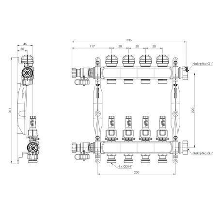 Rozdzielacz do ogrzewania podłogowego AFRISO ProCalida VA 1C 4-obieg. stal nierdzewna GZ 1'' x euroconus 3/4''