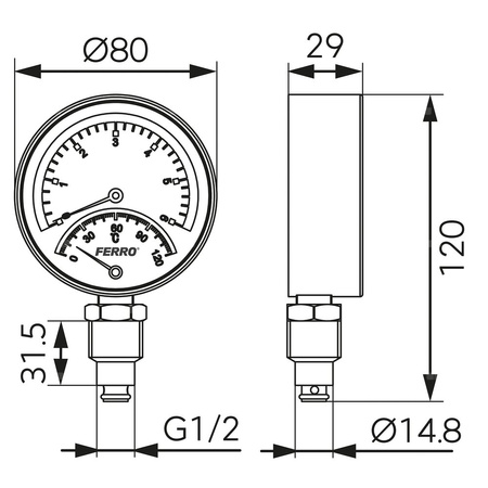 Termometr bimetaliczny FERRO fi 80 mm 120'C 6 bar połączenie radialny