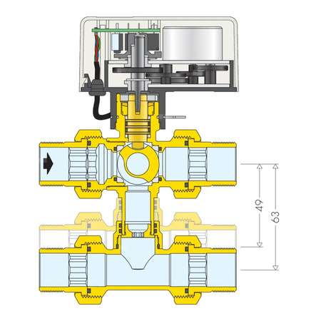 Trójdrożny kulowy zawór strefowy z trójnikiem obejściowym, z napędem 3/4"-24V
