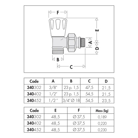 Grzejnikowy ręczny zawór kątowy do rur miedzianych oraz rur z tworzyw sztucznych 1/2" 23 p.1,5