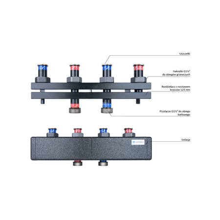 Rozdzielacz do instalacji c.o. AFRISO KSV 125-2 GZ 1 1/2'', 2-obieg. Nakrętka 1 1/2'', max. 70 kW
