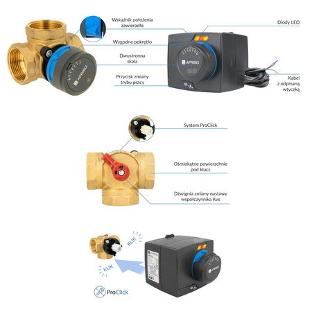 Zawór obrotowy trójdrogowy AFRISO ARV 385 Vario ProClick, mieszający, Siłownik elektryczny ARM 343, DN 32