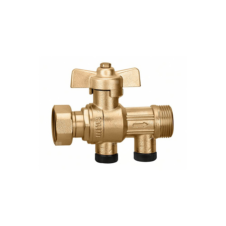 Zawór kulowy z wbudowanym, certyfikowanym zaworem zwrotnym. Z możliwością nadzoru. Nakrętka - przyłącza z gwintem zewnętrznym 3/