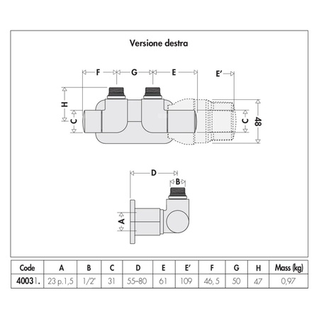 HIGH-STYLE para zaworów dekoracyjnych 3-osiowych. Przyłącze centralne. Wykonanie prawe. Wykończenie: chrom 1/2" 23 p. 1.5