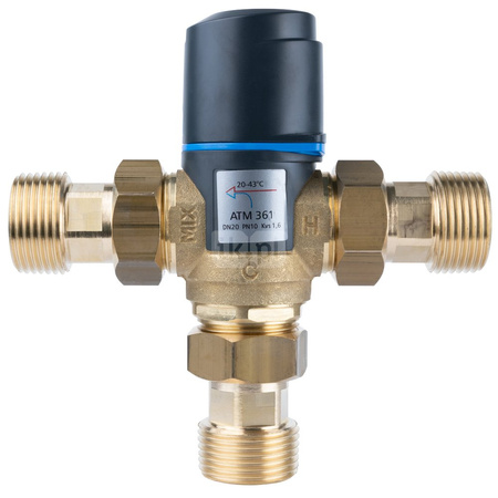 Zawór regulacyjny termostatyczny do wody ciepłej AFRISO ATM 361 ze śrubunkami mosiądz GZ 1'', DN 20, zakres temp. 20-43'C, Kvs 1.6 m3/h, maksymalna temperatura 90'C, maksymane ciśnienie 10 bar