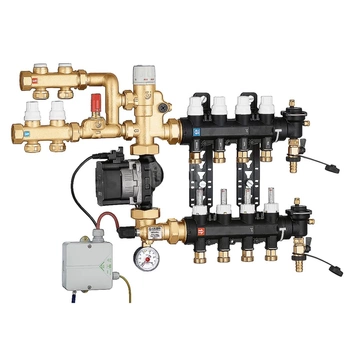 Zespół regulacyjny - regulacja stałotemperaturowa. 9 wyjść. Dodatkowy rozdzielacz obiegu pierwotnego z dwoma wyjściami.