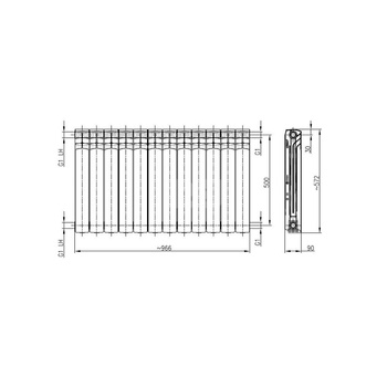 Grzejnik żeberkowy KFA Armatura G500F/12 aluminium, podłączenie boczne 572 x 966 mm, kolor grafit (RAL 9007), moc 1692 W