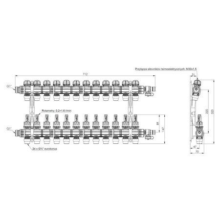 Rozdzielacz do ogrzewania podłogowego AFRISO ProCalida EF1 K 12-obieg. poliamid GZ 1'' x euroconus 3/4'' + przepływomierz + zawór napełn/spust