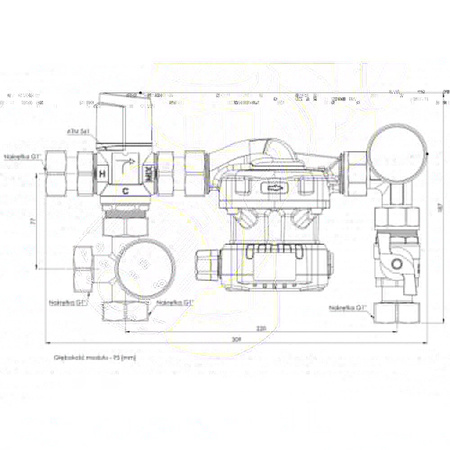 Grupa pompowa AFRISO BTU 501 AP nakrętka x nakrętka 1'' x 1'', z zaworem termostatycznym, z pompą obiegową AFRISO APH 160 15-7/130 mm