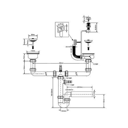 Syfon zlew.rurowy podwójny 3,5"X50mm z podłą.pralki lub zmywarki,spust z mech.automatycznym, przelew