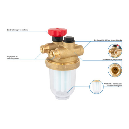 Filtr olejowy AFRISO Z500Si dwururowy fi 3/8'' x 3/8'' GW x GZ, z wkładem plastikowym, maks. przepływ 200 l/h