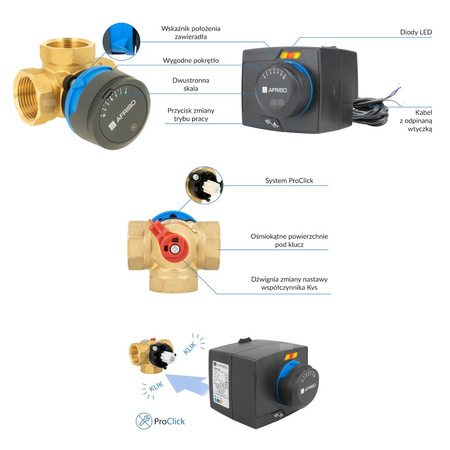 Zawór obrotowy trójdrogowy AFRISO ARV 384 Vario ProClick, mieszający, Siłownik elektryczny ARM 343, DN 25