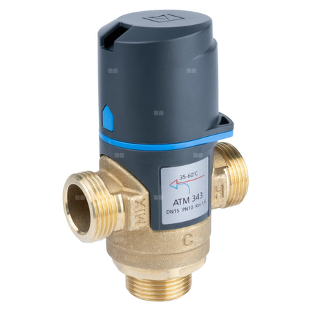 Zawór regulacyjny termostatyczny do wody ciepłej AFRISO ATM 343 ze śrubunkami mosiądz GZ 3/4'', DN 15, zakres temp. 35-60'C, Kvs 1.6 m3/h, maksymalna temperatura 90'C, maksymane ciśnienie 10 bar