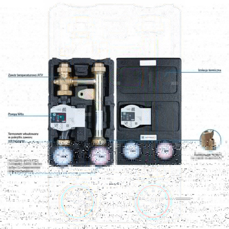 Grupa pompowa AFRISO PrimoTherm K 180-3 DN 25 GW 1'' x 1'', z zaworem mieszającym, z zaworem termostatycznym, z izolacją, z pompą obiegową Wilo Para SC 25/6