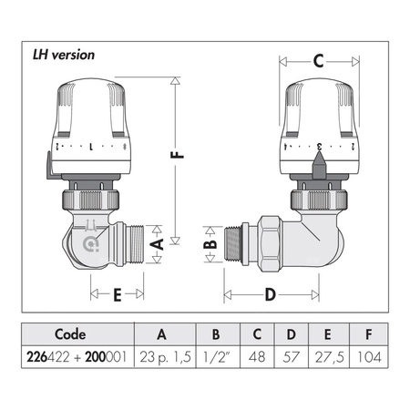3-osiowy grzejnikowy zawór termostatyczny. Wykonanie lewe 1/2"