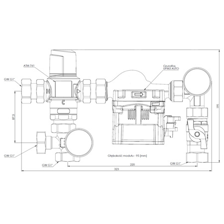 Grupa pompowa AFRISO BTU 502 nakrętka x nakrętka 1'' x 1'', z zaworem mieszającym, z pompą obiegową Grunfos UPM3 Auto