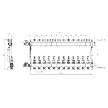Rozdzielacz do ogrzewania podłogowego AFRISO ProCalida VA 1C 12-obieg. stal nierdzewna GZ 1'' x euroconus 3/4''