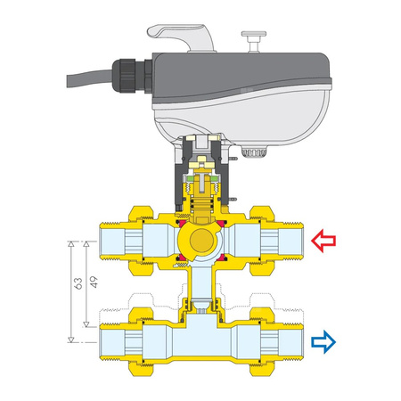 Trójdrożny kulowy zawór strefowy z napędem do instalacji klimatyzacyjnych 1/2" - 24V