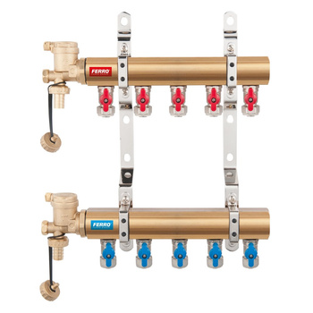 Rozdzielacz do instalacji c.o. FERRO N-RO07S mosiądz 1'', 7-obieg. GW zawór kulowy 16 x 2mm