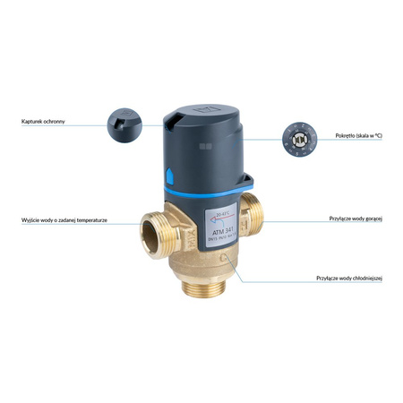 Zawór regulacyjny termostatyczny do wody ciepłej AFRISO ATM 341 mosiądz GZ 3/4'', DN 15, zakres temp. 20-43'C, Kvs 1.6 m3/h, maksymalna temperatura 90'C, maksymane ciśnienie 10 bar