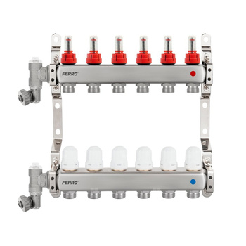 Rozdzielacz stalowy F-Comfort z zaworami termostatycznymi, przepływomierzami, ręcznym odpowietrznikiem i zaworem spustowym, 6-drogowy