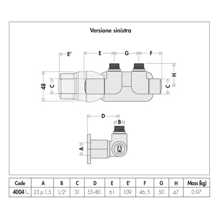 HIGH-STYLE para zaworów dekoracyjnych 3-osiowych. Przyłącze centralne. Wykonanie lewe. Wykończenie: chrom 1/2" 23 p. 1.5