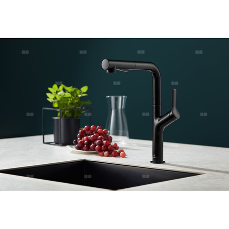 Bateria zlewozmywakowa stojąca KFA Armatura DUERO DESIGN, kolor czarny, wyciągana wylewka i obrotowa wylewka 2 funkcyjna, obrotowy górny, wys. 320 mm