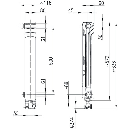 Grzejnik żeberkowy KFA Armatura G500F/D/1 aluminium, podłączenie dolne, lewe, kątowe 572 x 80 mm, kolor biały (RAL 9016)