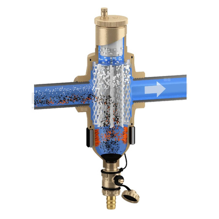 Separator CALEFFI DISCALDIRTMAG, 10 bar / 110'C, 1'', z wkładem magnesowym, kolor: mosiądz