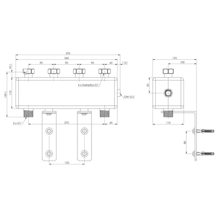 Rozdzielacz do instalacji c.o. AFRISO KSV 90-2 HW GZ 1'', 2-obieg. Nakrętka 1'', max. 50 kW