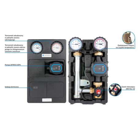 Grupa pompowa AFRISO PrimoTherm K 180-2 DN 25 AP 3-WM GZ x GW 1 1/2'' x 1'', z zaworem mieszającym, z izolacją, z pompą obiegową AFRISO APH 361 25-7/180 mm