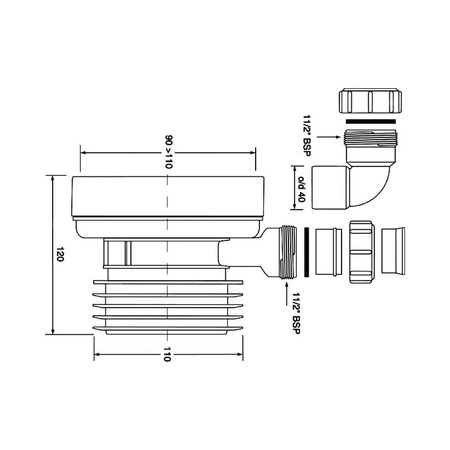 Przyłącze kanalizacyjne, krótkie L-120mm,wejście 90-110mm,wyjście 110mm, proste z odejściem 40mm