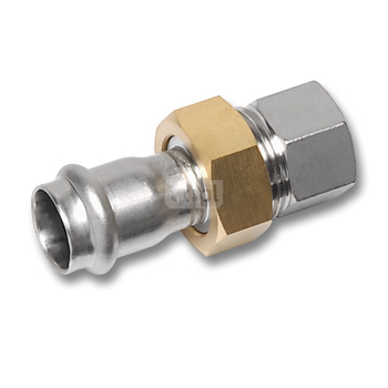 Śrubunek SANHA NiroSan Press z uszczelką i nakrętką z mosiądzu trzyczęściowy, stal nierdzewna, 22 mm x 3/4'' (zw x GW)