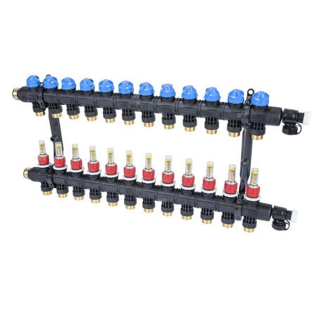 Rozdzielacz do ogrzewania podłogowego AFRISO ProCalida EF1 K 12-obieg. poliamid GZ 1'' x euroconus 3/4'' + przepływomierz + zawór napełn/spust