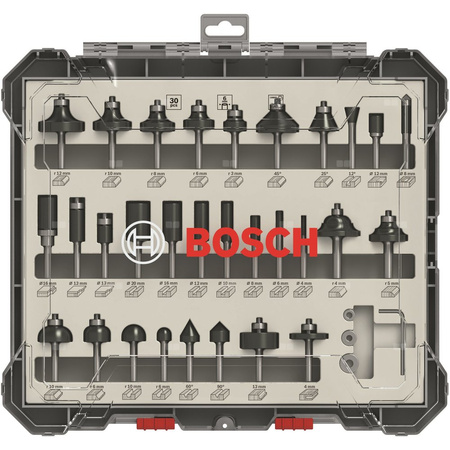 Mieszany zestaw frezów, trzpień 6 mm, 30 szt. 30-piece Mixed Application Router Bit Set.