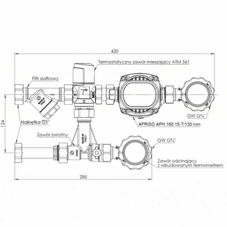 Grupa pompowa AFRISO BPS 991 AP nakrętka x GW 1'' x 3/4'', z zaworem mieszającym, z zaworem termostatycznym, z pompą obiegową AFRISO APH 160 15-7/130 mm
