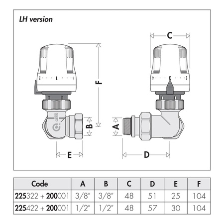 3-osiowy grzejnikowy zawór termostatyczny do rur stalowych (i miedzianych z serią 441). Wykonanie lewe 1/2"