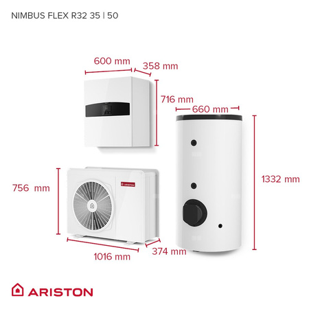Pakiet - Pompa ciepła powietrzna powietrze-woda monoblok ARISTON NIMBUS FLEX M NET R32 3.5 kW 230 V + Moduł naścienny Sensys HD z łącznością Wi-FI + Zasobnik buforowy 200 l