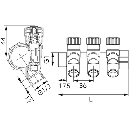 Rozdzielacz hydrauliczny FERRO RDW250400 mosiądz GZ x GW, odgałęzień: 4 (1/2'') + zawory odcinające