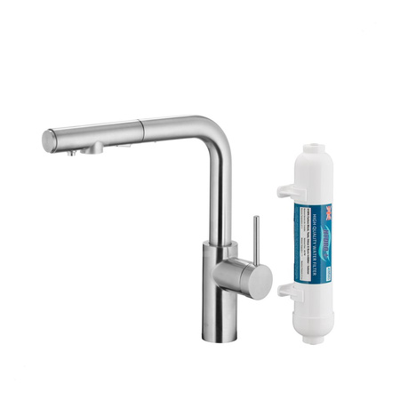 DUERO PURE BASIC PULL-OUT BATERIA KUCHENNA Z FUNKCJĄ FILTRACJI WODY I WYCIĄGANĄ WYLEWKĄ, STAL NIERDZEWNA + FILTR HYDRO+