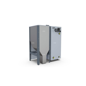 NextPell Plus-24-235 - kocioł na pellet o mocy 24kW, z palnikiem samoczyszczącym Defro zamontowanym od frontu, z zasobnikiem pelletu o pojemności 235 litrów, stojącym obok