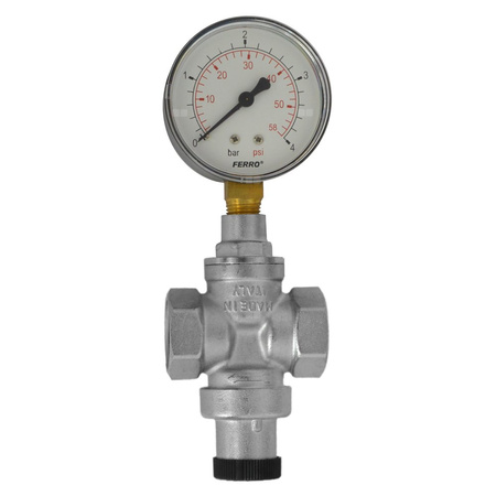 Regulator ciśnienia wody FERRO mosiądz (niklowany), GW 1/2'', 16 bar z manometrem