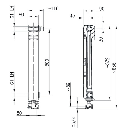Grzejnik żeberkowy KFA Armatura G500F/D/1 aluminium, podłączenie dolne, prawe, proste 572 x 80 mm, kolor biały (RAL 9016)