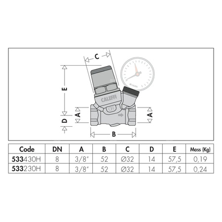 Regulator ciśnienia CALEFFI 533H, GW 3/8'', 16 bar z manometrem, wersja skośna