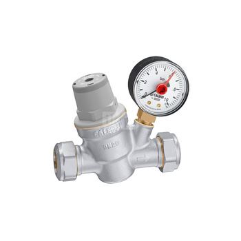 Regulator ciśnienia CALEFFI 5338H, złącze zaciskowe 15, 16 bar z manometrem, wersja skośna