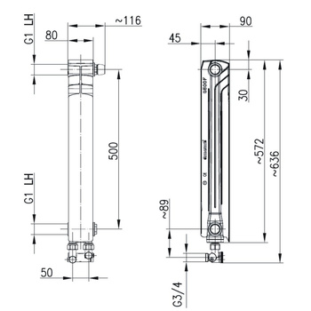 Grzejnik żeberkowy KFA Armatura G500F/D/1 aluminium, podłączenie dolne, prawe, proste 572 x 80 mm, kolor biały (RAL 9016)
