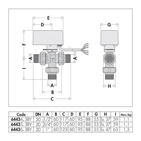 Trójdrożny zawór rozdzielający z napędem. Z siłownikiem ze sterowaniem 3-punktowym 40s 1/2"-24V