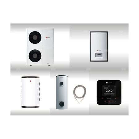 Pompa ciepła powietrzna powietrze-woda monoblok SAUNIER DUVAL GeniaAir HA 10-6 O 9.2 kW 400 V + Moduł naścienny HE 9-6 WB + Moduł komunikacji internetowej SR 940f + Zasobnik c.w.u. FEW 300 + Zasobnik buforowy WR RW 50 + Regulator SRC 720