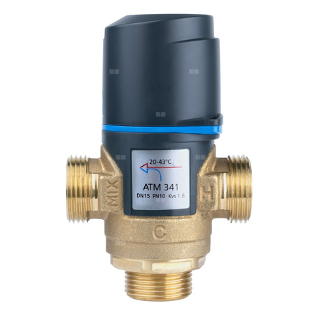 Zawór regulacyjny termostatyczny do wody ciepłej AFRISO ATM 341 ze śrubunkami mosiądz GZ 3/4'', DN 15, zakres temp. 20-43'C, Kvs 1.6 m3/h, maksymalna temperatura 90'C, maksymane ciśnienie 10 bar